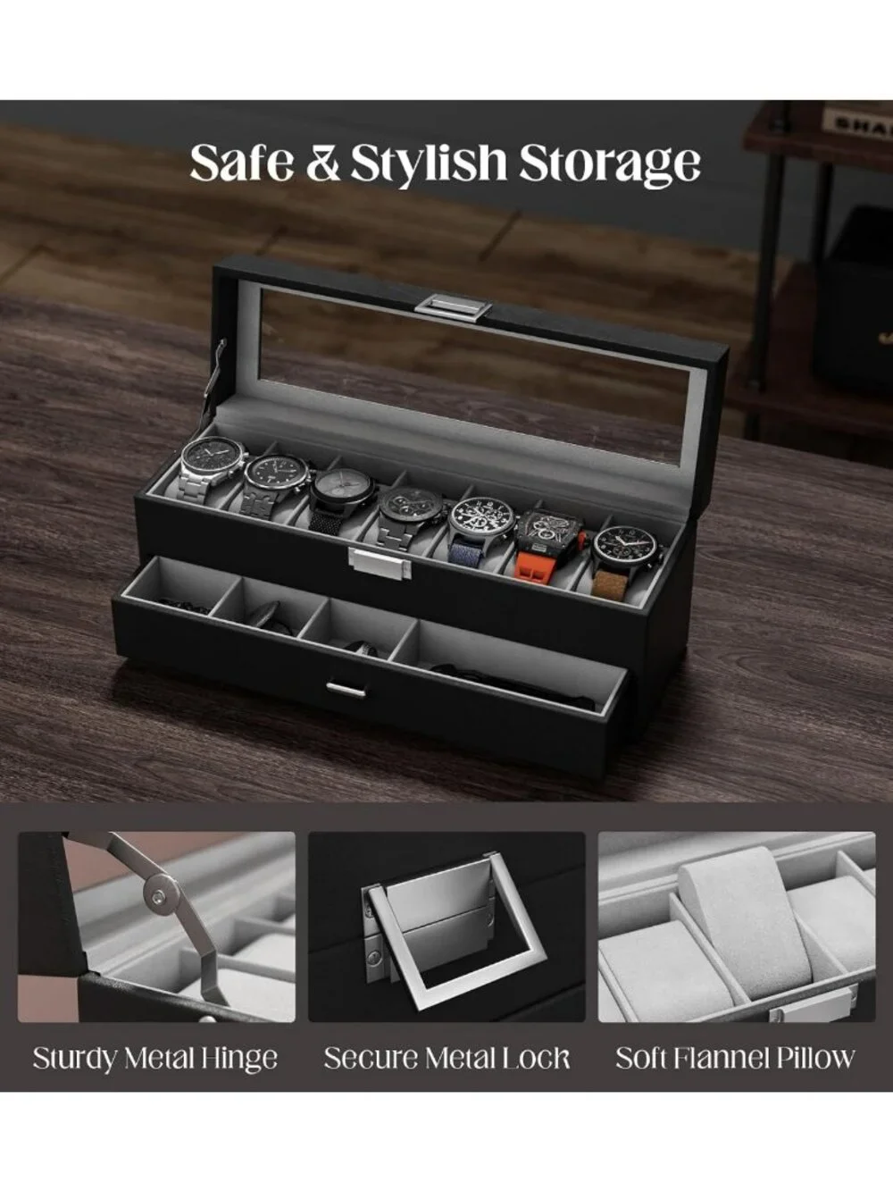 Men's 7-Slot Watch Case Box - Real Glass Display, Jewelry Drawer, PU Leather